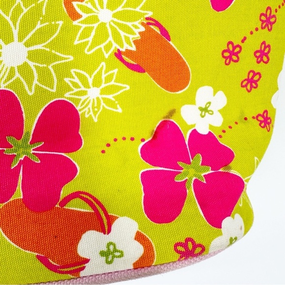 Lilly Pulitzer Vintage Pink/Lime Green Floral Flipflop Print Canvas Tote Bag - Picture 7 of 12